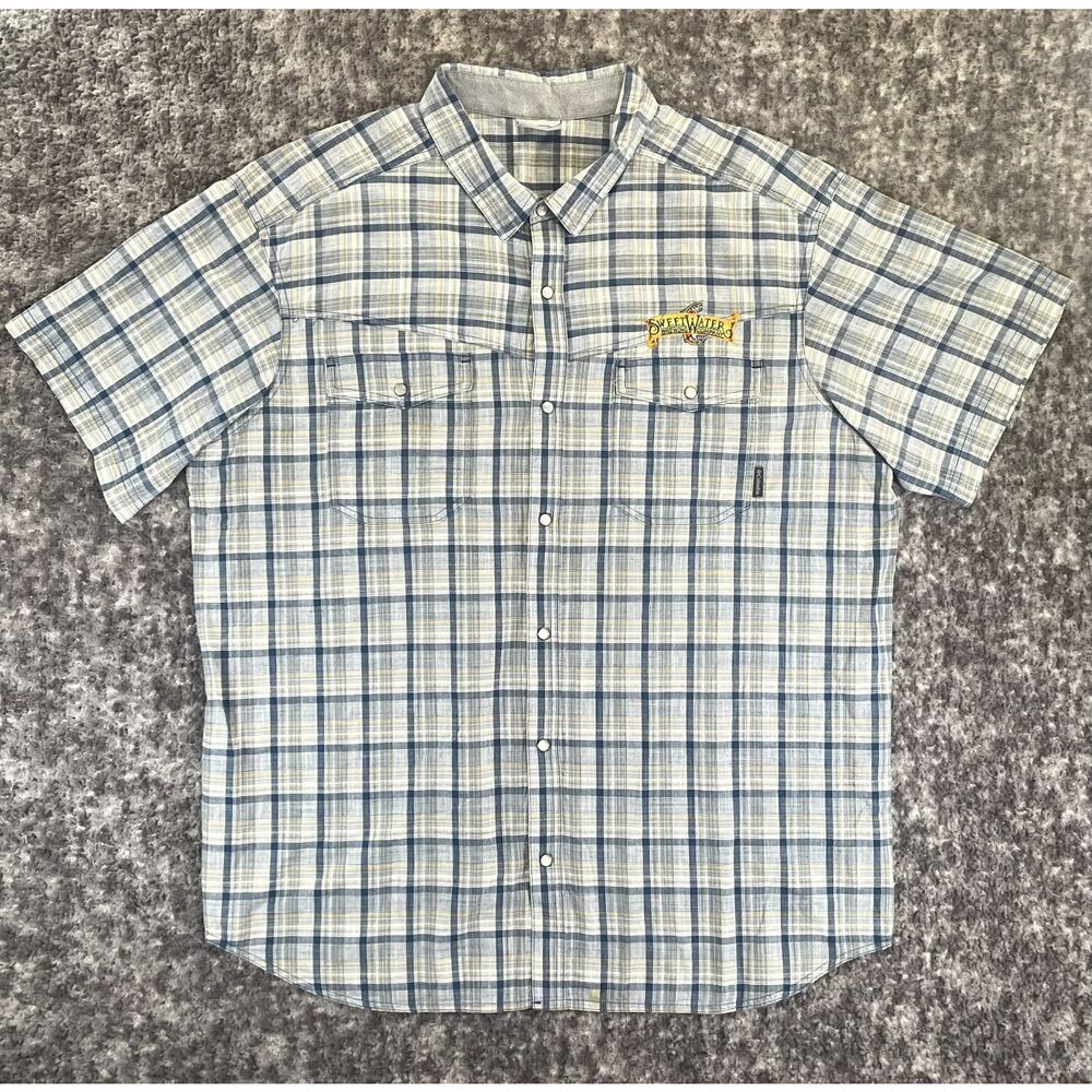 Columbia Shirt Men's XL Blue Plaid Pearl Snap Button Up Short Sleeve Beer Logo